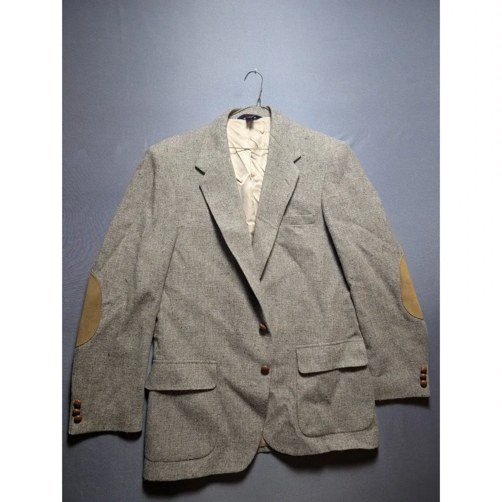 Wm. F. Farah Sport Coat Mens 44L Beige Tweed Wool Elbow Patch Blazer Jacket